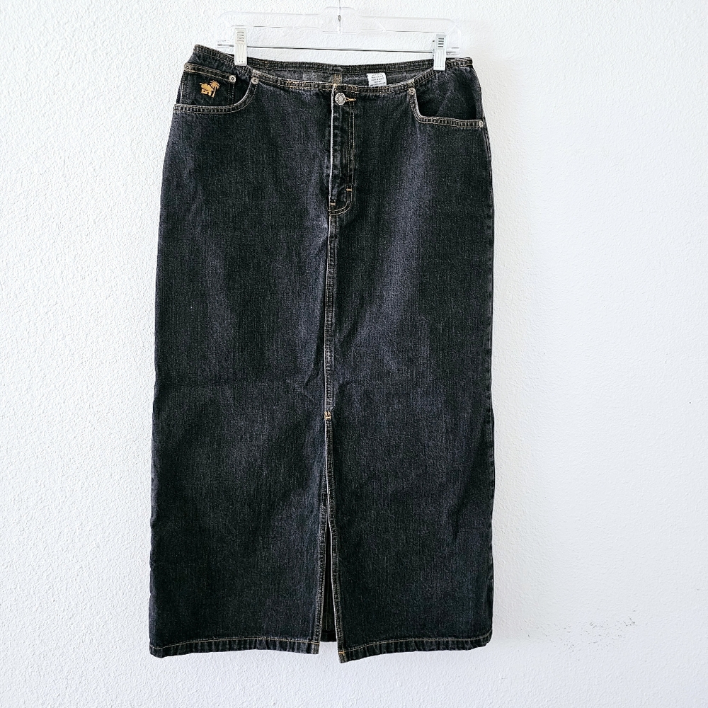 Vintage Carribbean Joe jean maxi skirt size 12 dark wash front slit denim